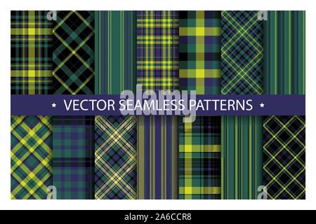 Set plaid pattern seamless. Tartan patterns fabric texture. Checkered geometric vector background. Scottish stripe blanket backdrop. Fashion cloth col Stock Vector