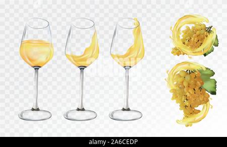 White grapes wine in glasses on transparent background. Splashes white wine. 3D Vector illustration Stock Vector