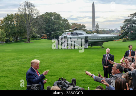 Washington DC, USA. 25th Oct, 2019. President Donald Trump speaks to the press before his departure from the White House on October 25, 2019 in Washington, DC. President Trump is going to South Carolina. Credit: MediaPunch Inc/Alamy Live News Stock Photo