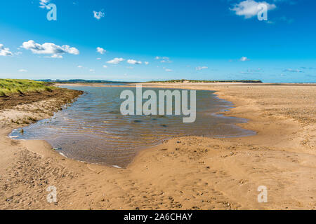 Saltwater pools on Holkham beach looking across the river Burn estuary to Scolt Head Island National Nature Reserve on North Norfolk coast, England UK Stock Photo