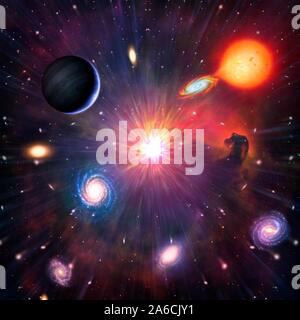 This is a conceptual illustration representing space and astronomy on general. It shows the various objects that can be found in the Universe: planets, moons, stars including binary stars, nebulae and galaxies. Stock Photo
