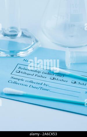 DNA paternity test. Genetic testing using a home test kit with sterile cotton swabs. The swab is used to collect a sample of cells from the lining of the mouth. DNA (deoxyribonucleic acid) is extracted from the cells and analysed to determine the genetic sequence. Genetic testing may be used to establish paternity, to identify criminals or to determine if someone is predisposed to a disease. Stock Photo