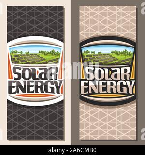 Vector banners for Solar Energy, templates with many photovoltaic panels on green summer hill with trees, original lettering for words solar energy, d Stock Vector