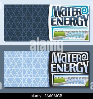 Vector banners for Water Energy with copy space, brochures with small hydroelectric powerplant on summer hills, original lettering - water energy, ill Stock Vector