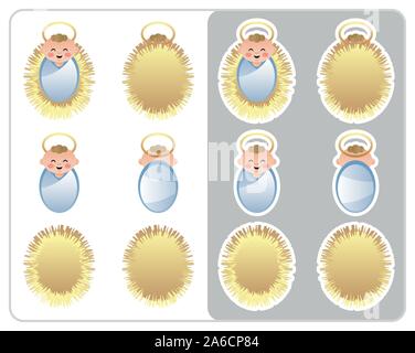 Two Sided Nativity icon and sticker of the Baby Jesus and the Crib. Cute cartoon character. Vector illustration without transparency. Stock Vector