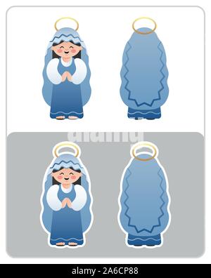 Two Sided Nativity icon and sticker of the Virgin Mary. Cute cartoon character. Vector illustration without transparency. Stock Vector