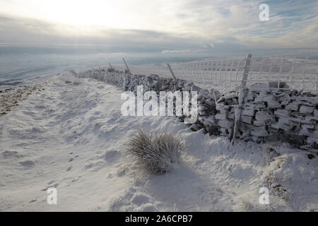 Dry stone wall and wire fence covered in hoar frost on Whernside carpeted in snow and ice mid winter Yorkshire Dales Stock Photo