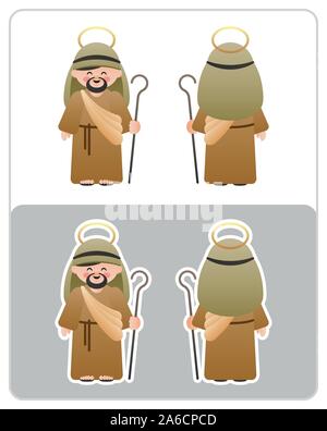 Two Sided Nativity icon and sticker of the Joseph, husband of Mary. Cute cartoon character. Vector illustration without transparency. Stock Vector