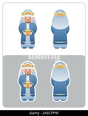 Two Sided Nativity icon and sticker of the Wise Man or King. Cute cartoon character. Vector illustration without transparency. Stock Vector