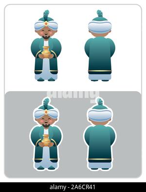 Two Sided Nativity icon and sticker of the King or Wise Man. Cute cartoon character. Vector illustration without transparency. Stock Vector