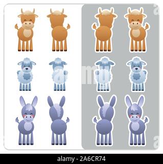 Two Sided icons and stickers of the farm animals Bull, Donkey and Sheep. Cute cartoon characters good for Nativity Scene. Vector illustration without Stock Vector