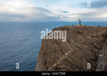 The Nordkapp (North Cape) Globe Monument, Magerøya, Finnmark, Northern Norway, perched on the iconic headland above the Barents Sea Stock Photo