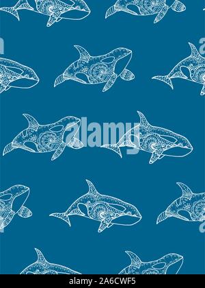 Vector illustration of seamless pattern from hand drawing patterned killer whale. Doodle Orca. Decorative marine background Stock Vector