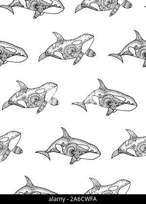Vector illustration of seamless pattern from hand drawing patterned killer whale. Coloring page book Stock Vector
