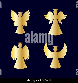 Vector set of four golden angels silhouette on dark blue background. Silhouette for New year, Christmas Stock Vector