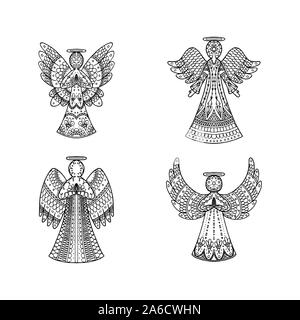 Vector set of four freehand patterned angels on white background. Religion coloring page book. Decorative elements for New year, Christmas card Stock Vector