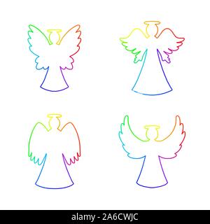 Vector set of four rainbow line art angels on white background. Religion decorative symbols for New year, Christmas card Stock Vector