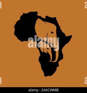 Vector silhouette of black Africa with two brown elephant head silhouette inside on brown background. Elephant mother and baby head logotype Stock Vector