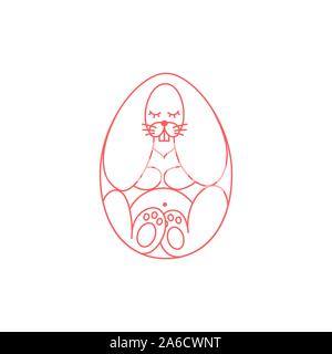 Vector illustration of red Easter bunny in Easter egg shape. Line art design. Stock Vector