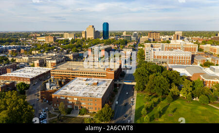 Aerial view university campus area looking into the city center urban core of downtown Lexington KY Stock Photo