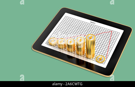 Ethereum Crash - Tablet showing profit chart with stacks of golden Ethereum coins on it - 3D Rendering Stock Photo