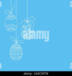 Vector Easter invitation card from three doodle Easter eggs. Hand drawing Easter template from white eggs on blue background Stock Vector