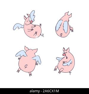 Vector set of funny flying cartoon pigs with wings. Pigs angels Stock Vector