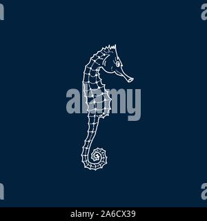 Vector illustration of white seahorse silhouette on dark blue background. Hand drawing seahorse Stock Vector