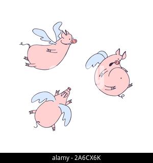 Vector set of funny flying cartoon pigs with wings. Pigs angels Stock Vector