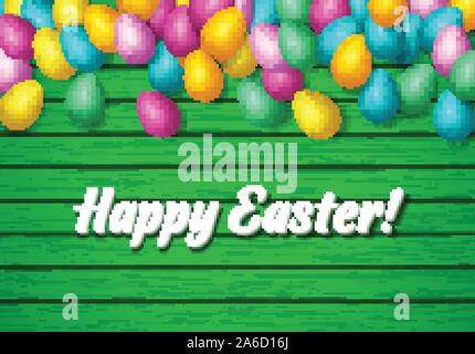 Easter frame with shiny colorful happy eggs spread over wooden background Stock Vector