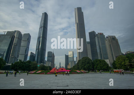 Touring around the skyscrapers and the buildings at the business area in the city center of Guangzhou in China Stock Photo