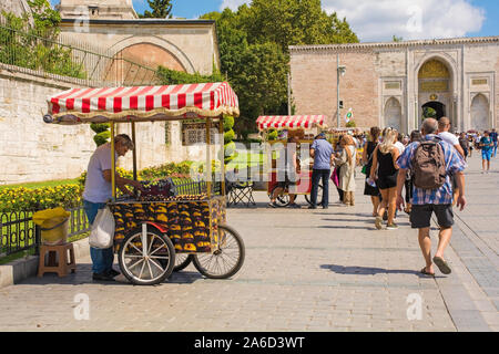 Istanbul, Turkey - September 5th 2019. A street seller cooks chestnuts and on his cart for passing tourists outside Topkapi Palace. The seller in the Stock Photo