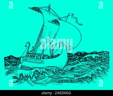 Ancient roman merchant ship sailing on the waves of the mediterranean sea on a blue-green background. Editable in layers Stock Vector
