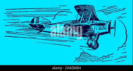Historical biplane flying at high speed on a blue background. Editable in layers Stock Vector