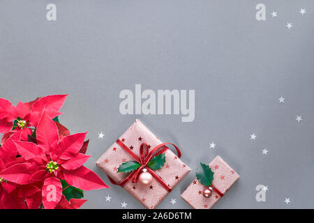 Festive Christmas background with wrapped pink gift boxes decorated with trinkets and holly leaf. Flat lay with vibrant red poinsettia plant on silver Stock Photo