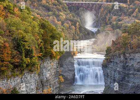 Upper and Middle Falls on the Genesse RIver at dusk from Inspriation Point in Letchworth State Park, New York. Stock Photo