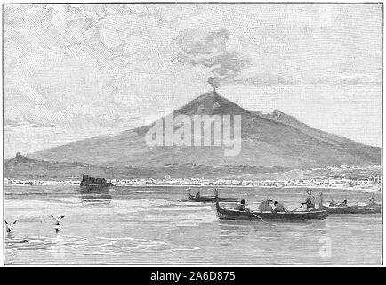 1893 black and white engraving of the volcano Mount Vesuvius and the Gulf Of Naples, Italy. Stock Photo