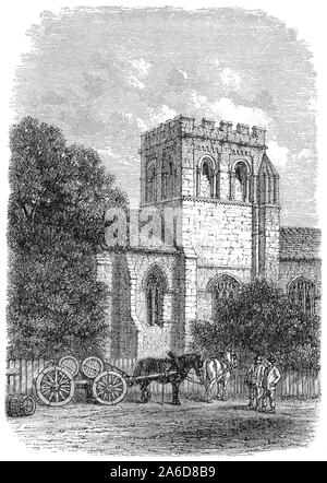 1891 engraving of St. Mary the Virgin parish church in the village of Iffley, Oxfordshire, England. Stock Photo