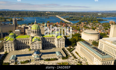 Afternoon light hits the buildings and downtown city center area in Pennsylvania state capital at Harrisburg Stock Photo