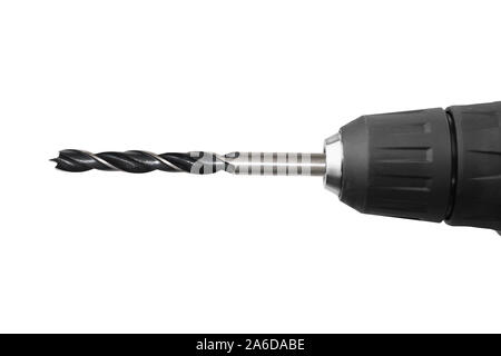 Black drill bit in the drill closeup on white background isolated. Suitable for any purprose use. Stock Photo