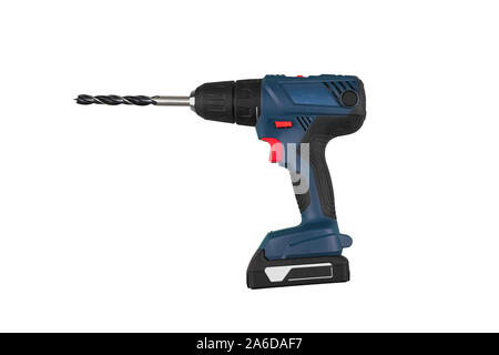 Blue screwdriver power tool with black drill bit on white background isolated. Suitable for any purprose use. Stock Photo