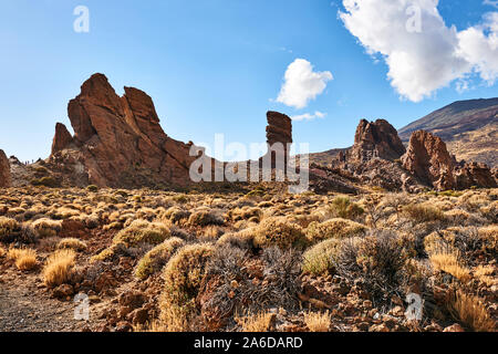 The Roque cinchado, in the Teide National Park, in Tenerife (Canary island, Spain), is a beautiful rock formation near the Teide volcano. Stock Photo