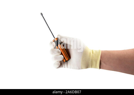 Orange and black screwdriver in the hand in glove isolated on white background Stock Photo