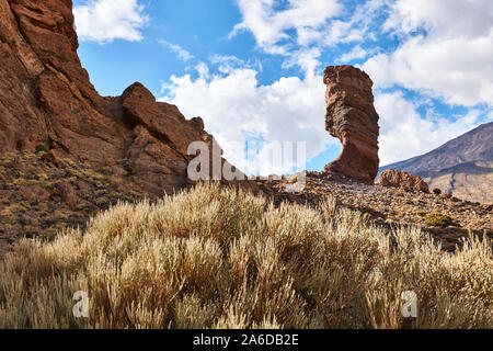 The Roque cinchado, in the Teide National Park, in Tenerife (Canary island, Spain), is a beautiful rock formation near the Teide volcano. Stock Photo