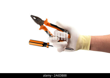 Orange screwdriver and pliers in the hand in glove isolated on white background Stock Photo