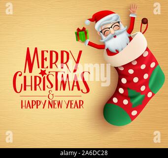 Christmas santa sack hang vector design template. Merry christmas greeting card in empty space for messages with cute xmas character santa claus. Stock Vector