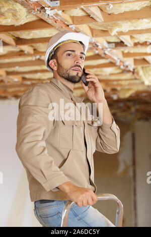 builder stood on stepladder using his telephone Stock Photo