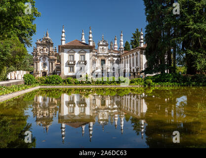 Vila Real, Portugal - 13 August 2019: Reflection of villa in front of entrance of Mateus Palace in Vila Real, Portugal Stock Photo