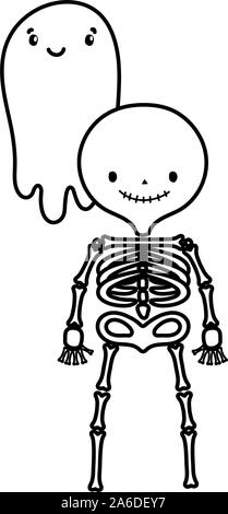 happy halloween celebration skeleton and ghost characters vector illustration line style Stock Vector