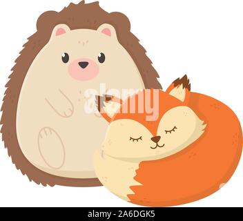 cute hedgehog and sleeping fox autumn on white background vector illustration Stock Vector